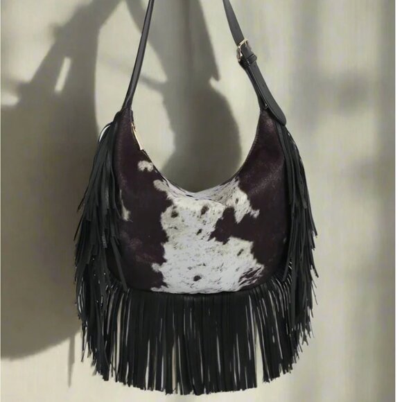 NWT Black Faux Suede Cow Print Fringe Hobo Bag - Picture 1 of 4